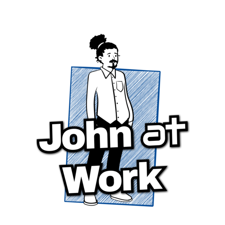 John at Work Logo with the words "John at Work" and the sketch version of John Guerra (button up means business)
